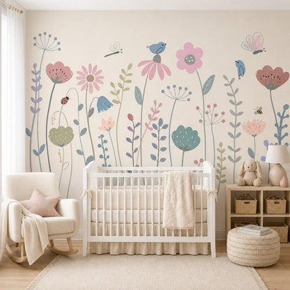 Floral Meadow Wallpaper Pastel Whimsical Removable Wall Decor