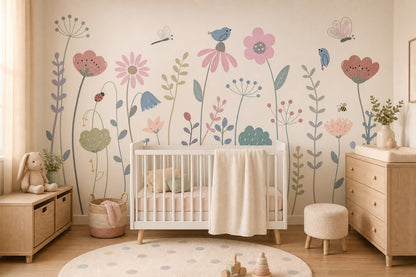 Floral Meadow Wallpaper Pastel Whimsical Removable Wall Decor