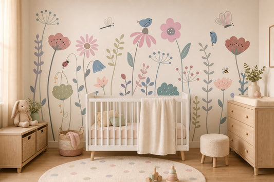 Floral Meadow Wallpaper Pastel Whimsical Removable Wall Decor