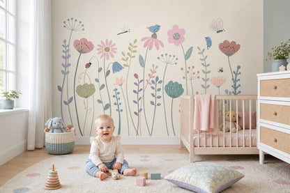 Floral Meadow Wallpaper Pastel Whimsical Removable Wall Decor