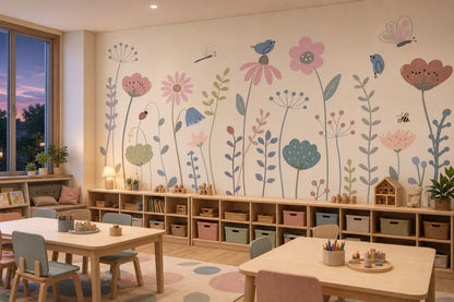 Floral Meadow Wallpaper Pastel Whimsical Removable Wall Decor