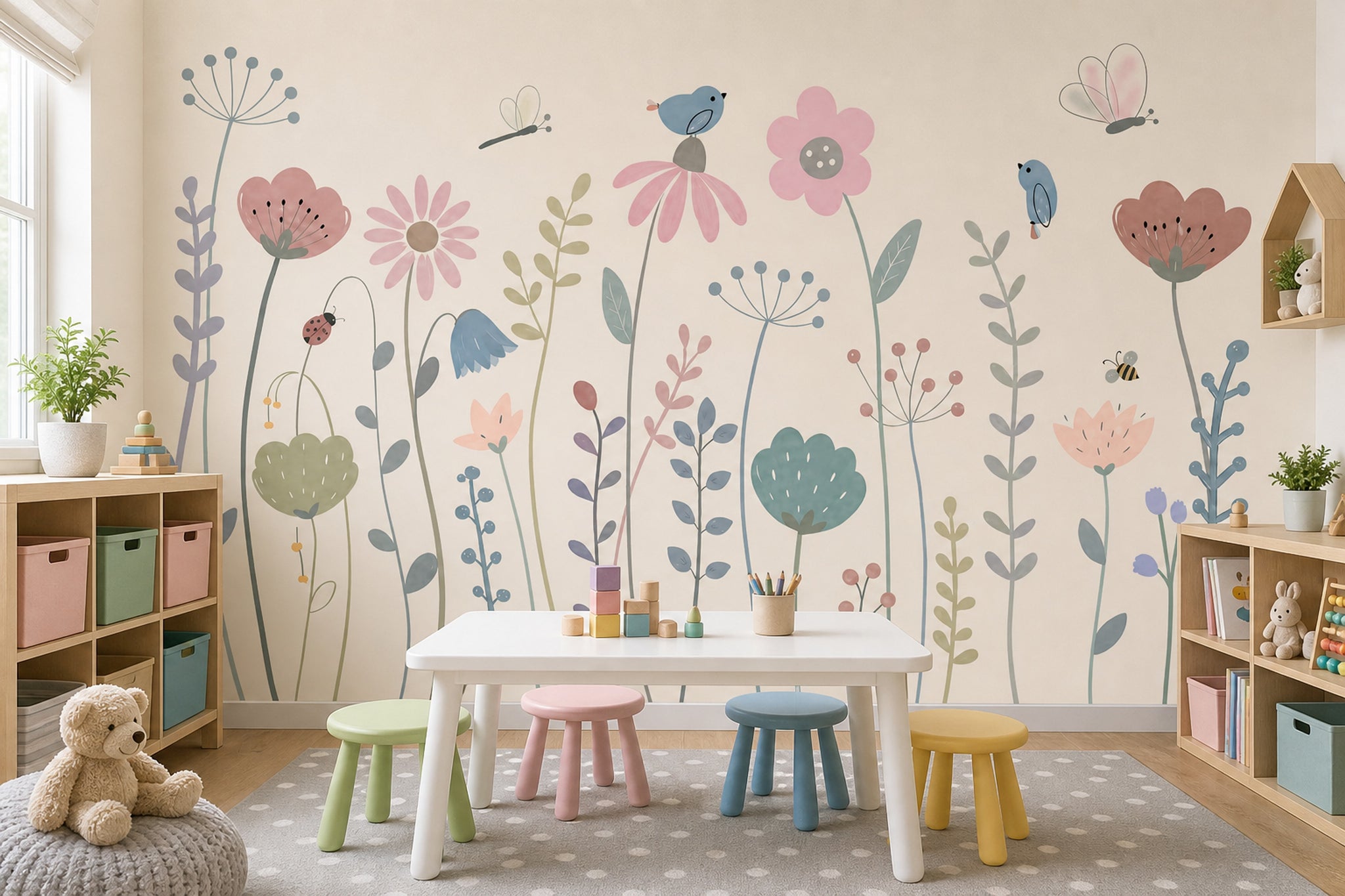 Floral Meadow Wallpaper Pastel Whimsical Removable Wall Decor