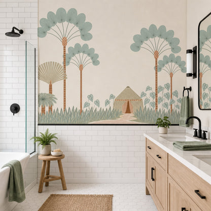 Stylized Landscape Wallpaper Palm Trees Removable Tent Hut Wall Decor