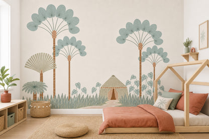 Stylized Landscape Wallpaper Palm Trees Removable Tent Hut Wall Decor