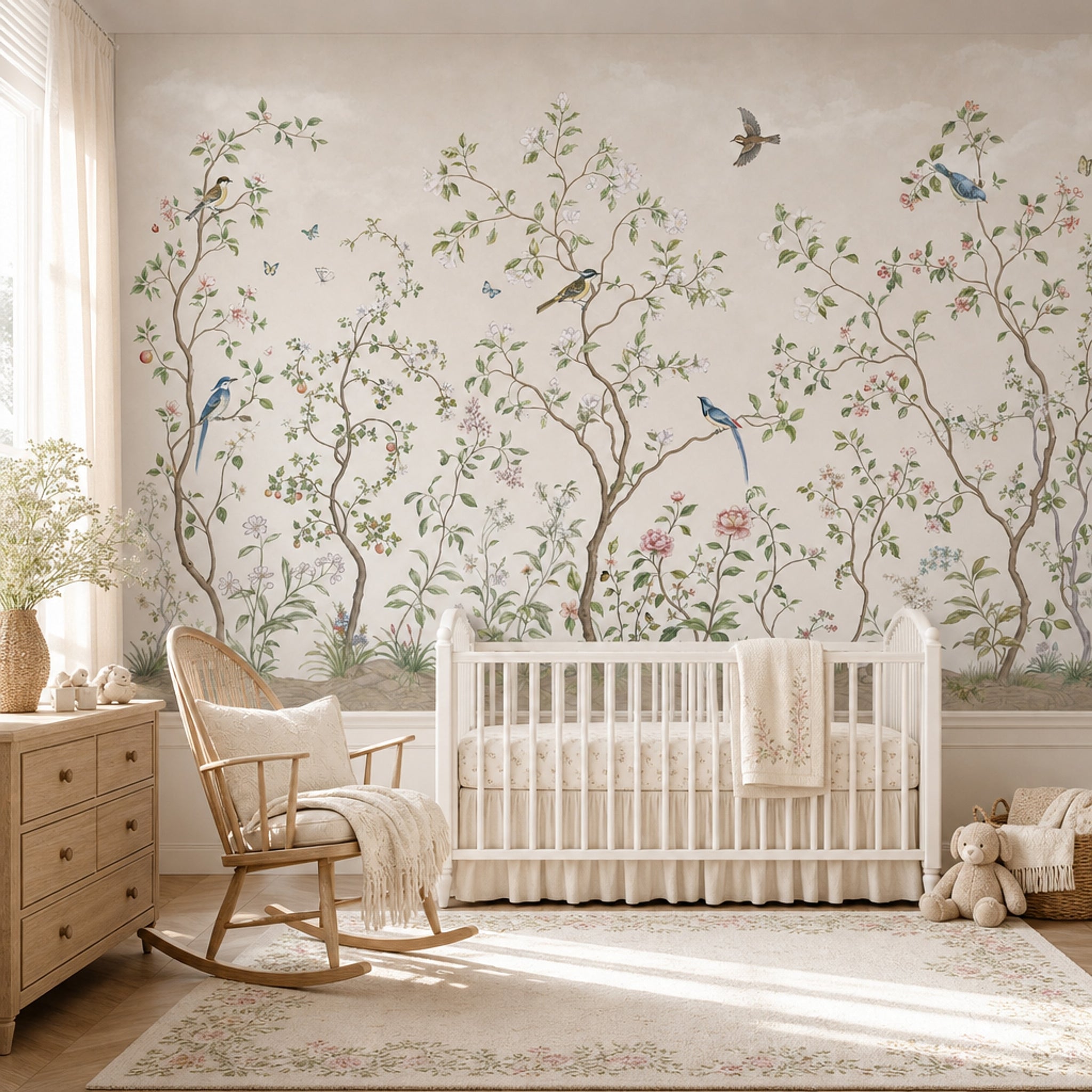 Botanical Wallpaper Floral Branches Removable Birds Wall Decor