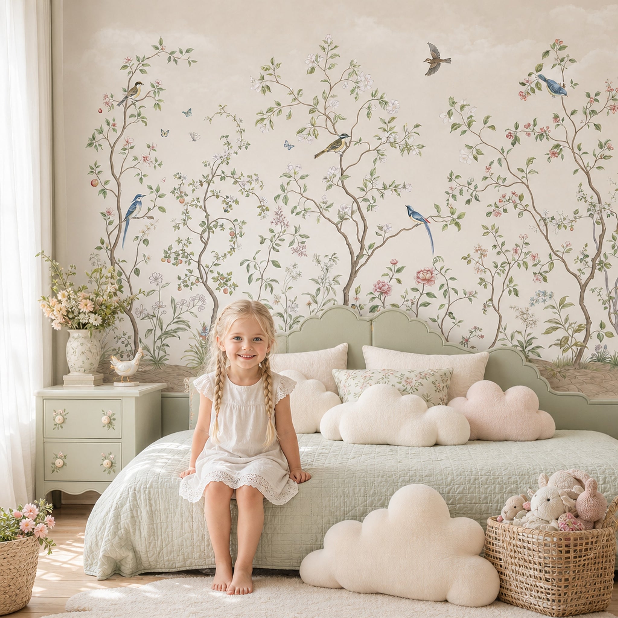 Botanical Wallpaper Floral Branches Removable Birds Wall Decor