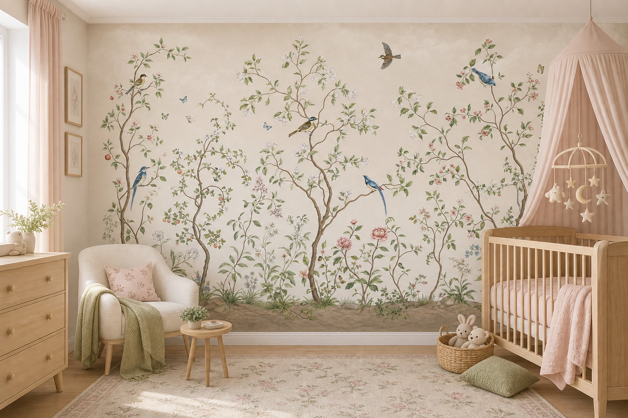 Botanical Wallpaper Floral Branches Removable Birds Wall Decor