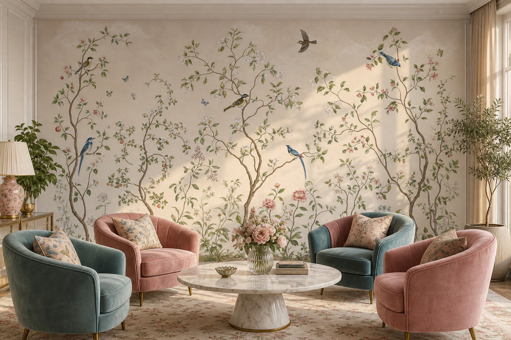 Botanical Wallpaper Floral Branches Removable Birds Wall Decor