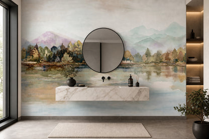 Watercolor Landscape Wallpaper Misty Mountains Lake Reflection Removable Wall Decor