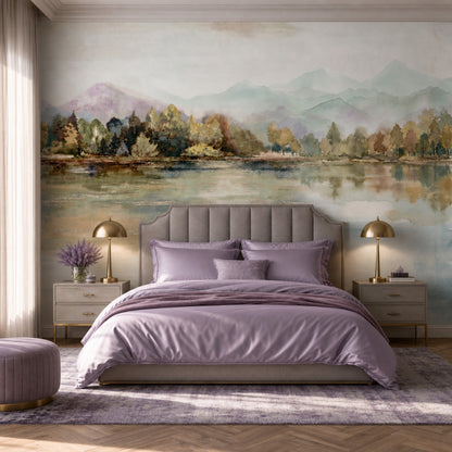 Watercolor Landscape Wallpaper Misty Mountains Lake Reflection Removable Wall Decor
