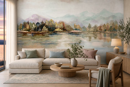 Watercolor Landscape Wallpaper Misty Mountains Lake Reflection Removable Wall Decor