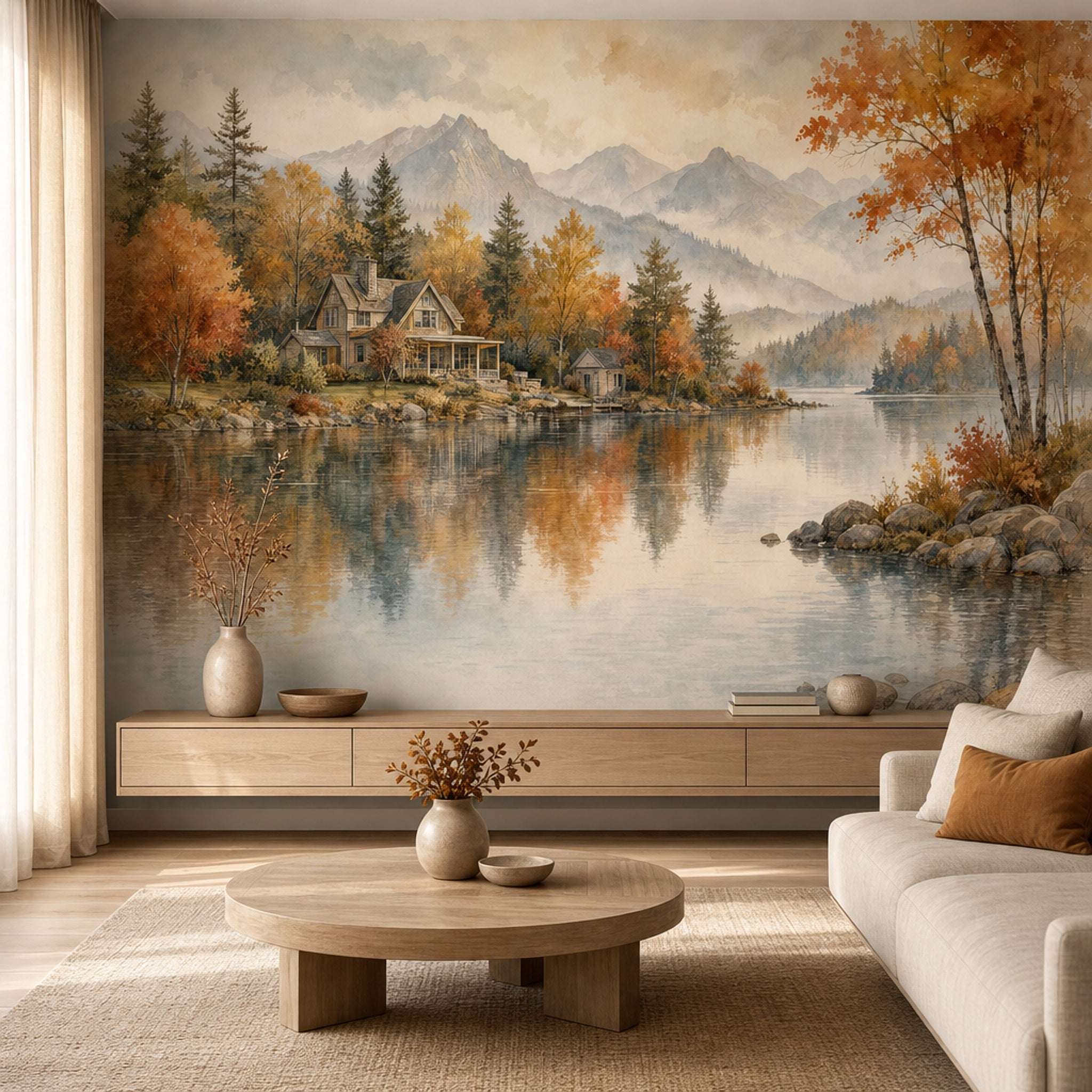 Autumn Landscape Wallpaper Lakeside Cabin Mountain Mist Wall Mural
