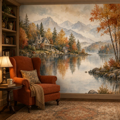 Autumn Landscape Wallpaper Lakeside Cabin Mountain Mist Wall Mural