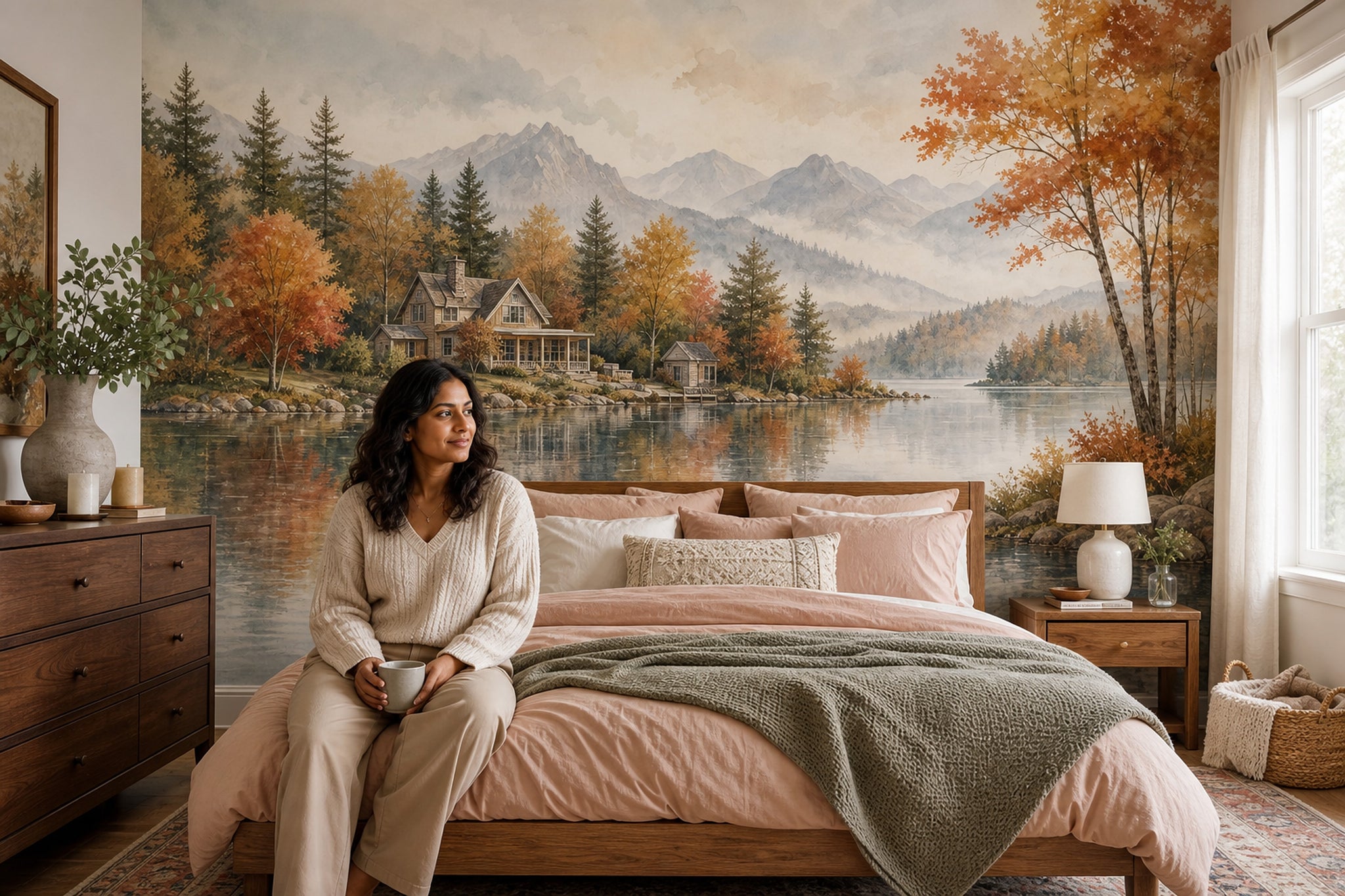 Autumn Landscape Wallpaper Lakeside Cabin Mountain Mist Wall Mural