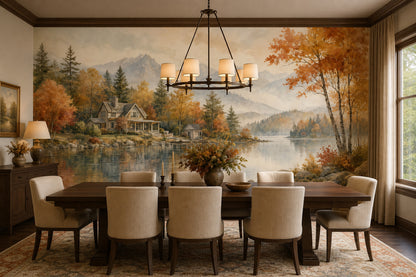 Autumn Landscape Wallpaper Lakeside Cabin Mountain Mist Wall Mural