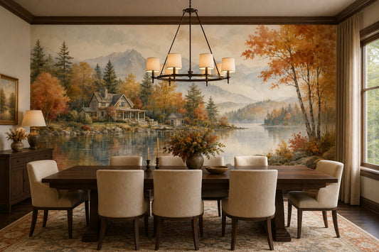Autumn Landscape Wallpaper Lakeside Cabin Mountain Mist Wall Mural