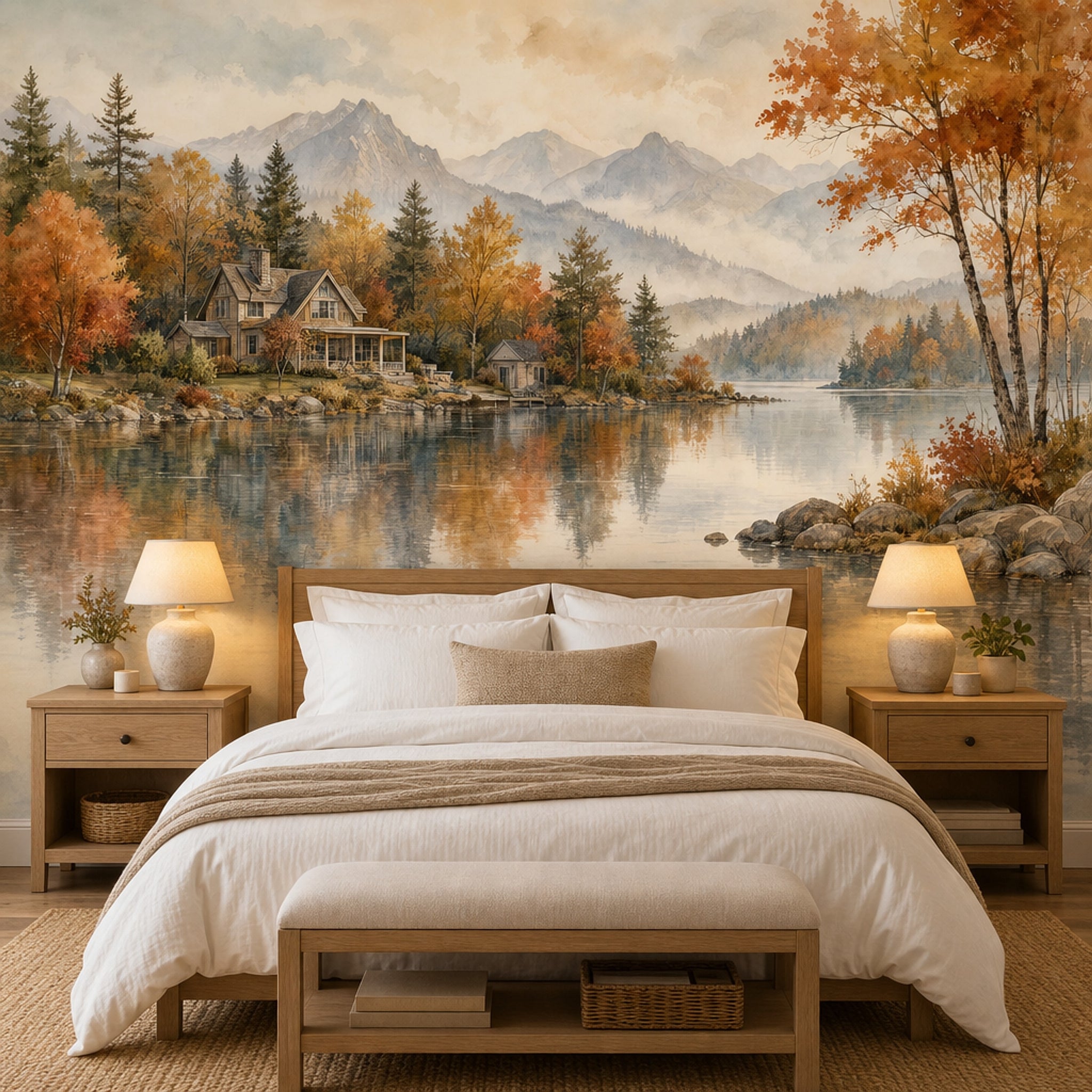 Autumn Landscape Wallpaper Lakeside Cabin Mountain Mist Wall Mural