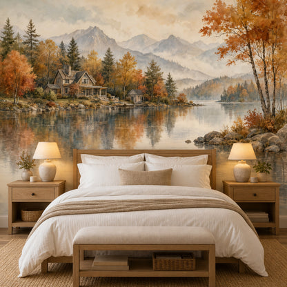 Autumn Landscape Wallpaper Lakeside Cabin Mountain Mist Wall Mural