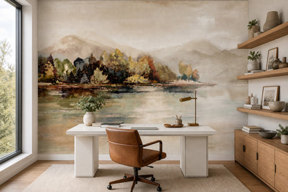 Watercolor Landscape Wallpaper Misty Mountains Removable Lake Reflection Wall Decor