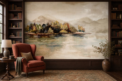 Watercolor Landscape Wallpaper Misty Mountains Removable Lake Reflection Wall Decor