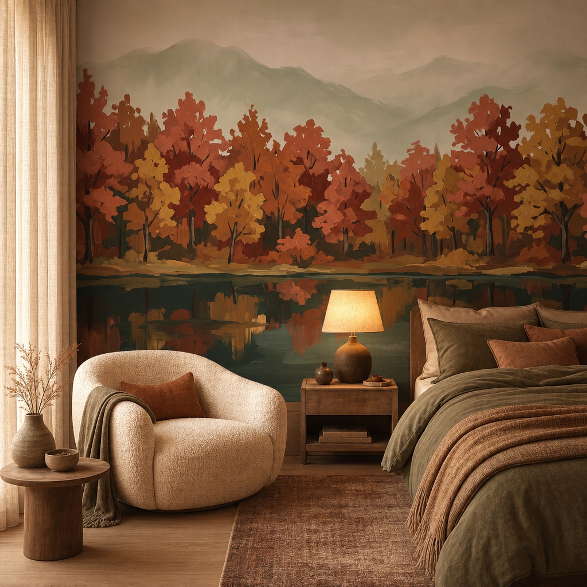 Autumn Landscape Wallpaper Fall Trees Lake Reflection Removable Wall Decor