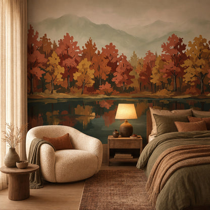 Autumn Landscape Wallpaper Fall Trees Lake Reflection Removable Wall Decor