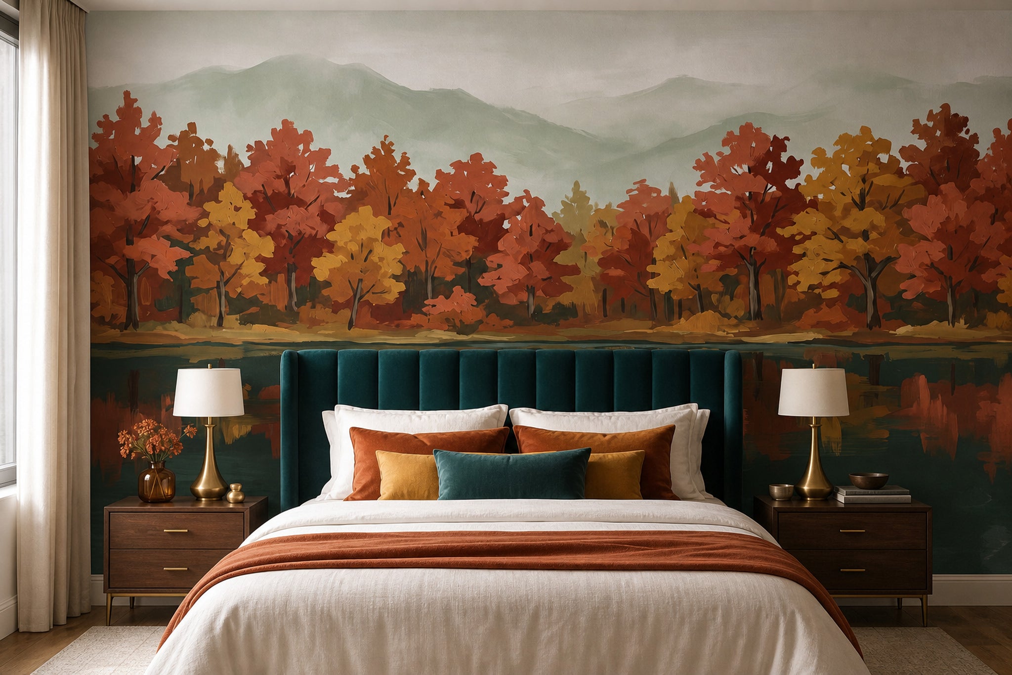 Autumn Landscape Wallpaper Fall Trees Lake Reflection Removable Wall Decor