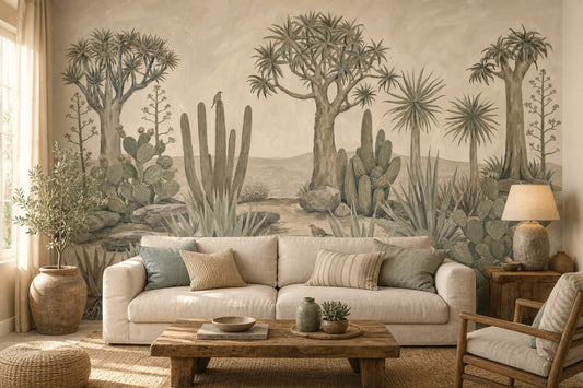 Desert Landscape Wallpaper Cactus Vintage Illustration Removable Wall Decor