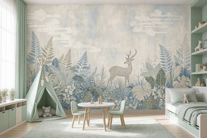 Woodland Landscape Wallpaper Deer Botanical Foliage Removable Wall Decor