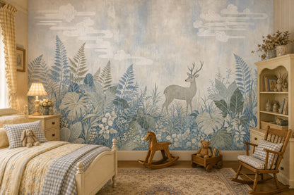 Woodland Landscape Wallpaper Deer Botanical Foliage Removable Wall Decor