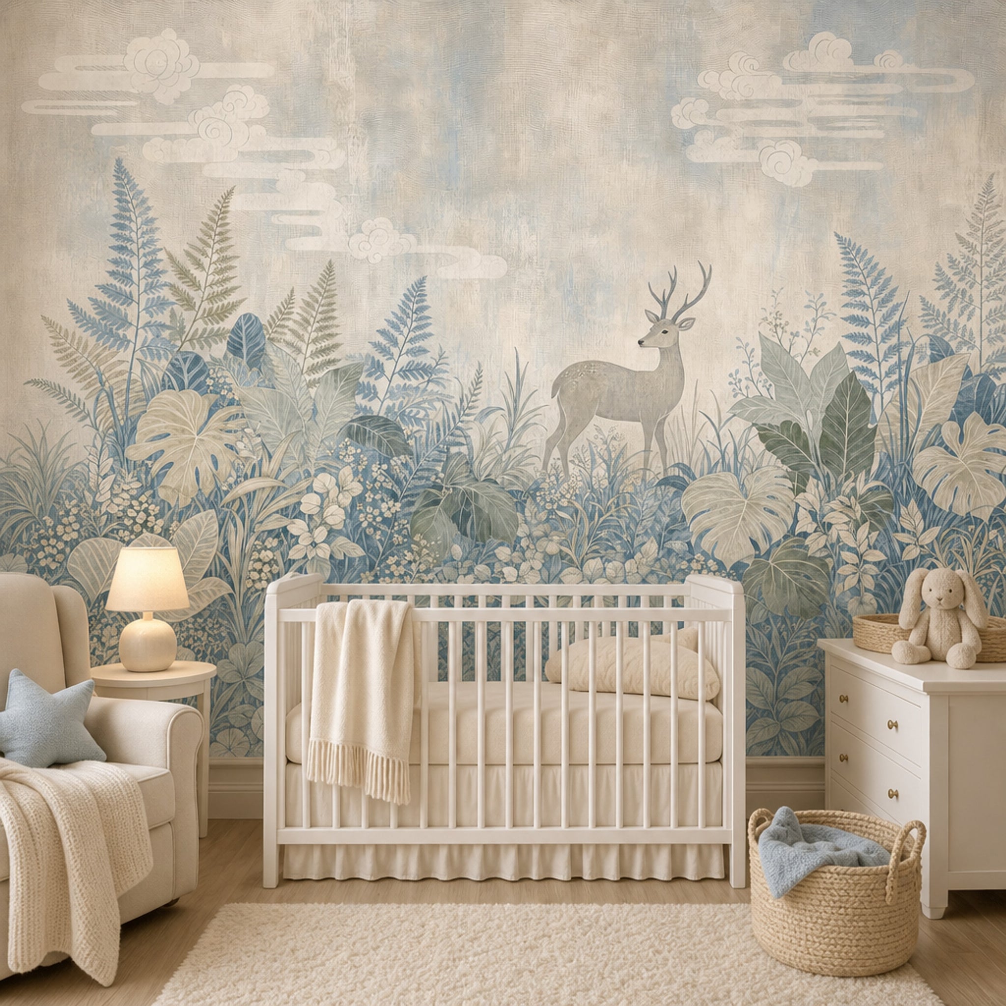 Woodland Landscape Wallpaper Deer Botanical Foliage Removable Wall Decor