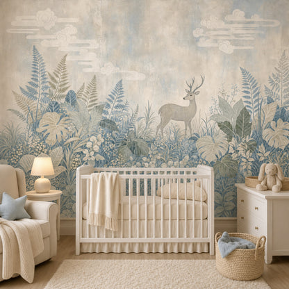 Woodland Landscape Wallpaper Deer Botanical Foliage Removable Wall Decor