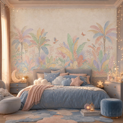 Tropical Botanical Wallpaper Pastel Palm Trees Removable Birds And Butterflies Wall Decor
