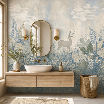 Woodland Landscape Wallpaper Deer Botanical Foliage Removable Wall Decor