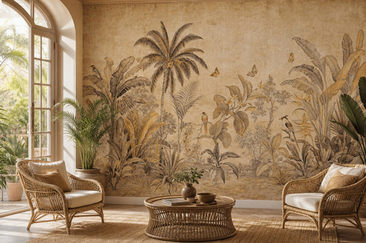 Tropical Landscape Mural Wallpaper Vintage Botanical Illustration Removable Palm Tree Wall Decor