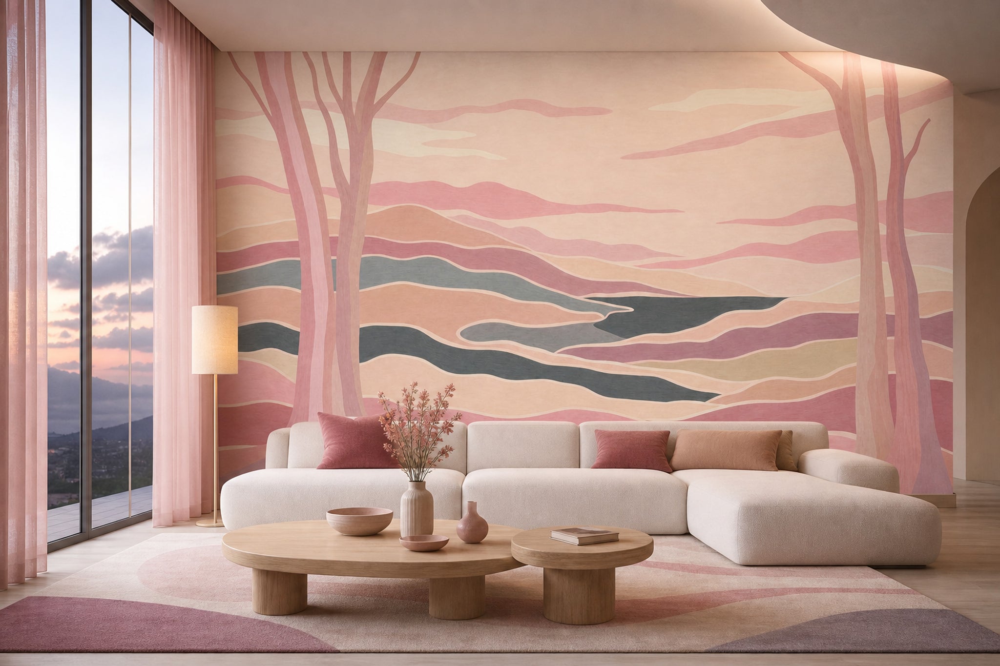 Pastel Landscape Wallpaper Abstract Hills Winding River Wall Mural