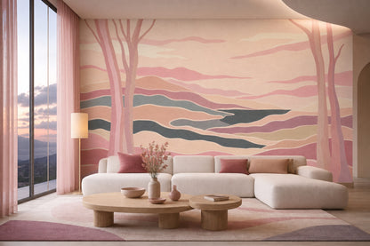 Pastel Landscape Wallpaper Abstract Hills Winding River Wall Mural
