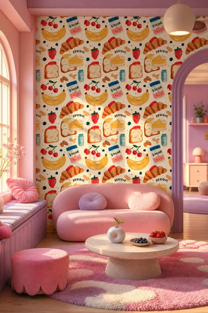 White Background Wallpaper Breakfast Pattern Kitchen Decorative Mural