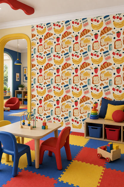 White Background Wallpaper Breakfast Pattern Kitchen Decorative Mural