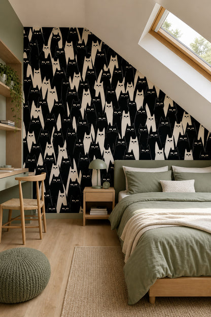 Cat Pattern Wallpaper Whimsical Graphic Illustration Removable Wall Decor