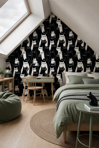 Cat Pattern Wallpaper Whimsical Graphic Illustration Removable Wall Decor