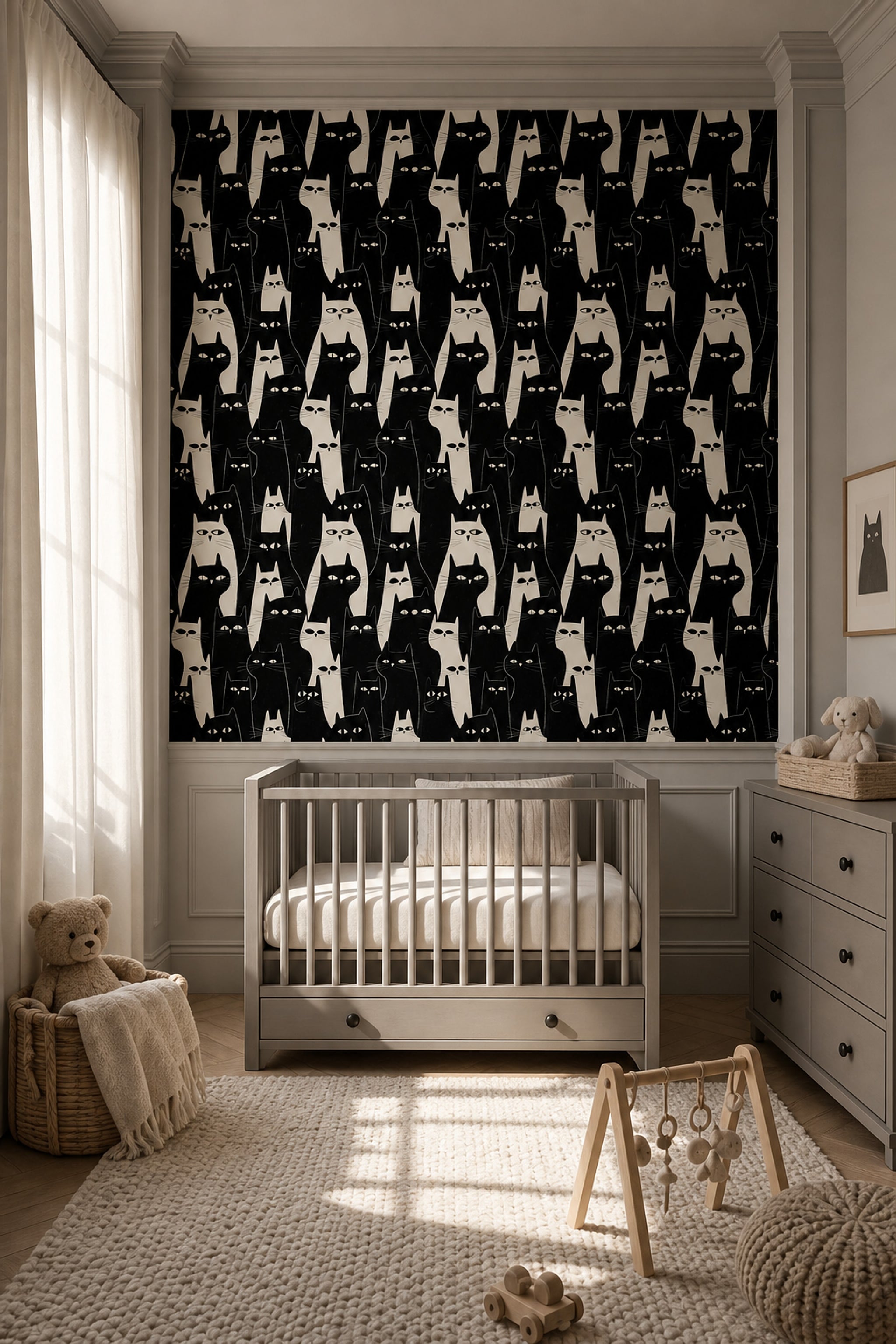 Cat Pattern Wallpaper Whimsical Graphic Illustration Removable Wall Decor