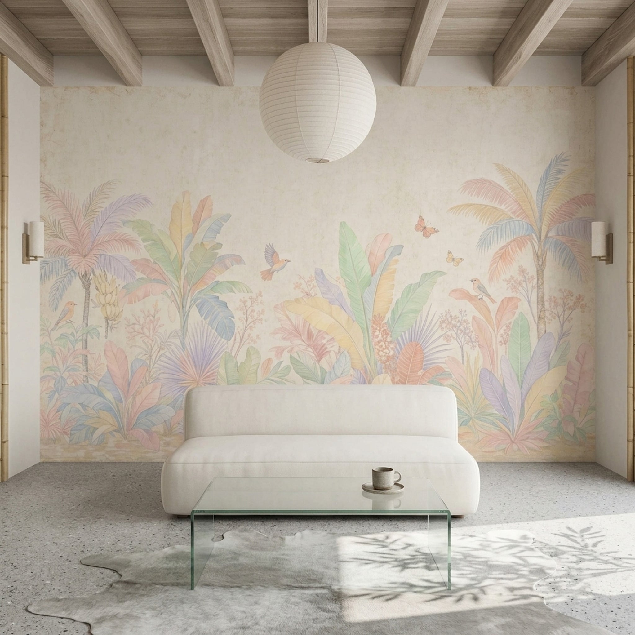 Tropical Botanical Wallpaper Pastel Palm Trees Removable Birds And Butterflies Wall Decor