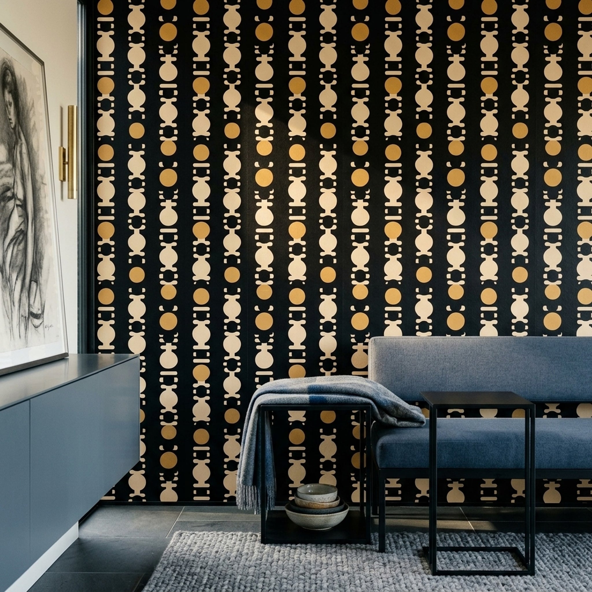 Mid Century Modern Wallpaper Solid Black Removable Totem Wall Double Roll