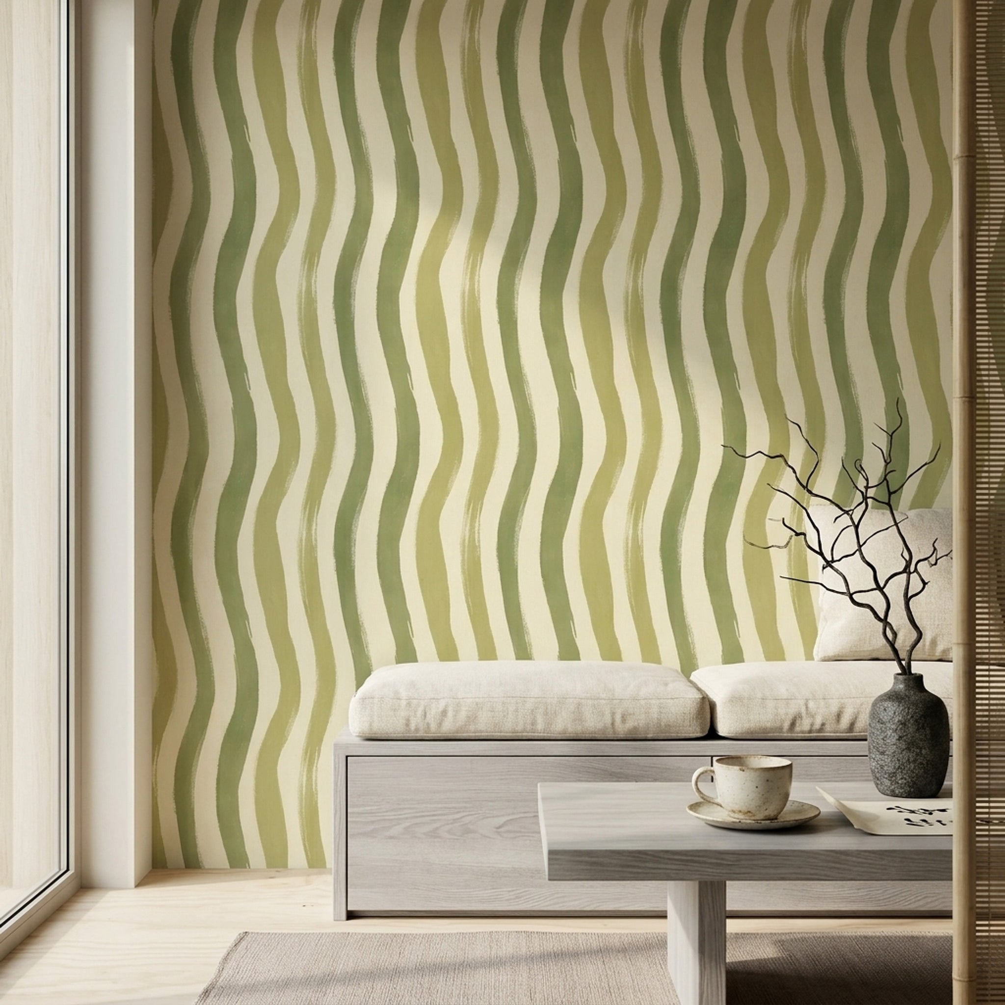Abstract Stripes Wallpaper Wavy Vertical Bands Sage Green Decorative Mural