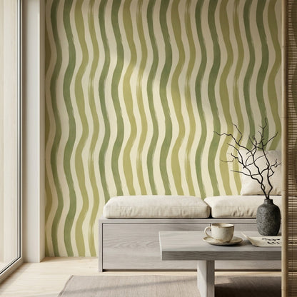 Abstract Stripes Wallpaper Wavy Vertical Bands Sage Green Decorative Mural