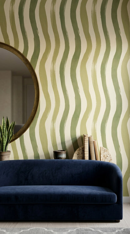 Abstract Stripes Wallpaper Wavy Vertical Bands Sage Green Decorative Mural