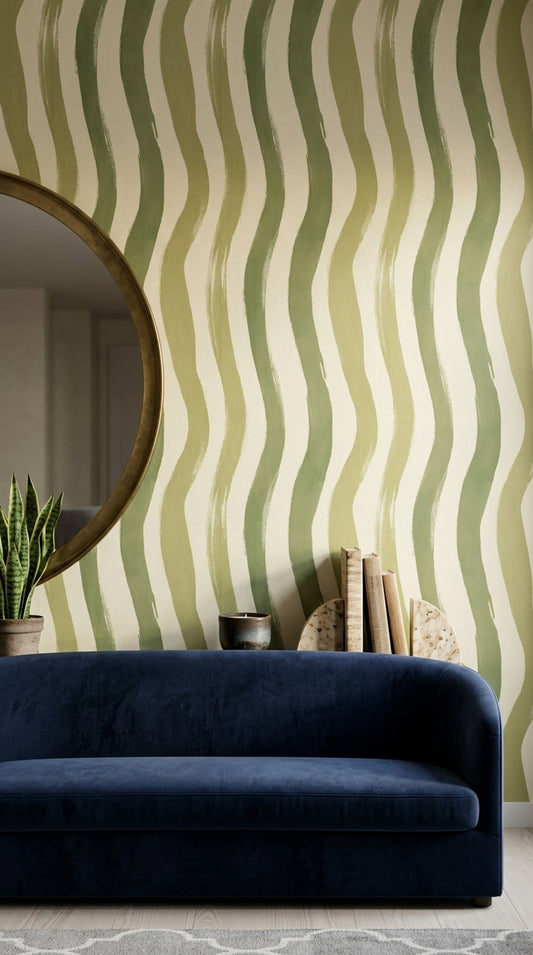 Abstract Stripes Wallpaper Wavy Vertical Bands Sage Green Decorative Mural