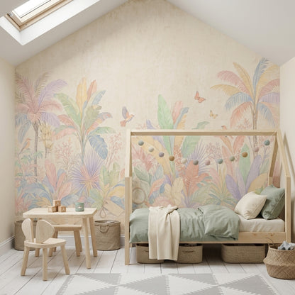 Tropical Botanical Wallpaper Pastel Palm Trees Removable Birds And Butterflies Wall Decor