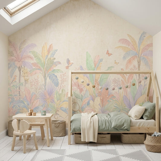 Tropical Botanical Wallpaper Pastel Palm Trees Removable Birds And Butterflies Wall Decor